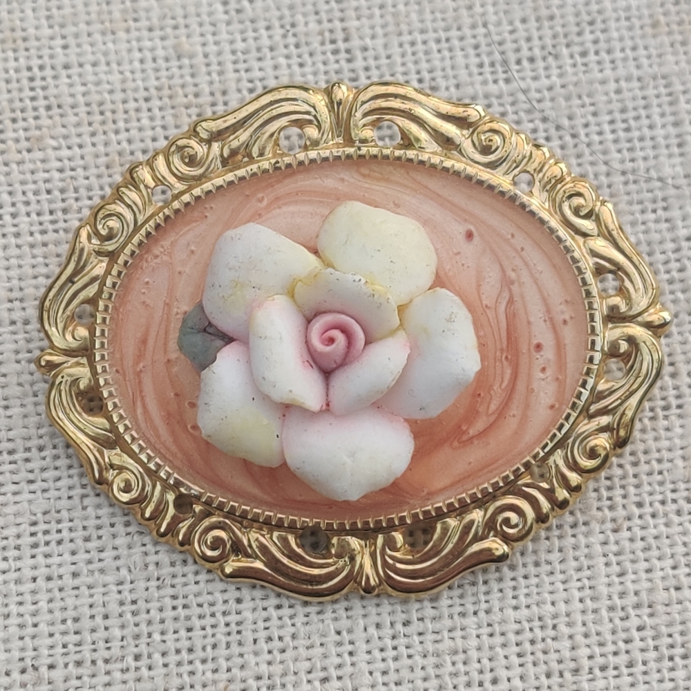 Vintage romantic enameled porcelain rose brooch